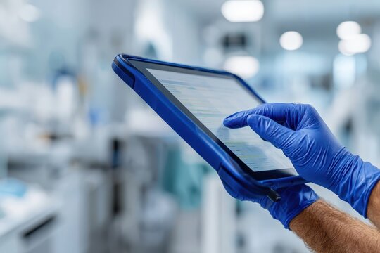 Close-up of a gloved hand interacting with a digital tablet in a modern laboratory or medical setting.
