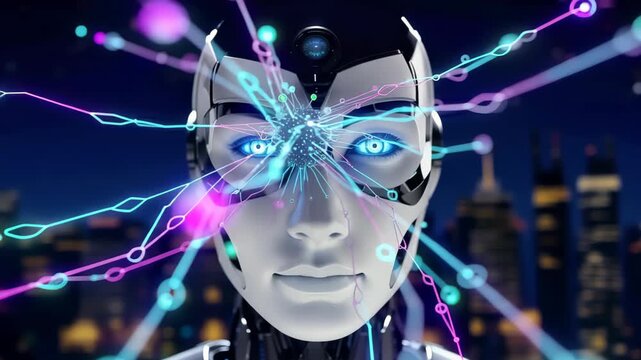 Futuristic humanoid robot with glowing blue eyes experiences data transmission through colorful light streams against a city skyline at night, showcasing advanced technology