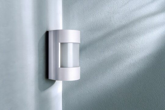 Modern white motion sensor light mounted on a textured blue wall with soft light and shadow patterns.