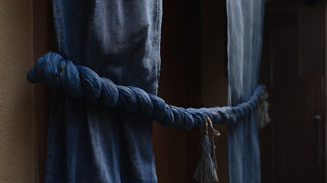 Blue fabric curtains tied with rope symbolizing freedom, adventure, and exploration