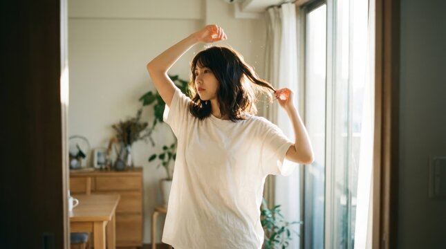 朝日を浴びて髪を触るデカT姿の女性