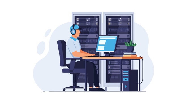 A dedicated male system administrator wearing a blue cap and headset operates a computer in a modern server room filled with glowing equipment racks.