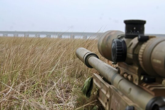 Sniper rifle with scope and suppressor positioned in dry grass, overlooking a foggy landscape with a distant bridge.
