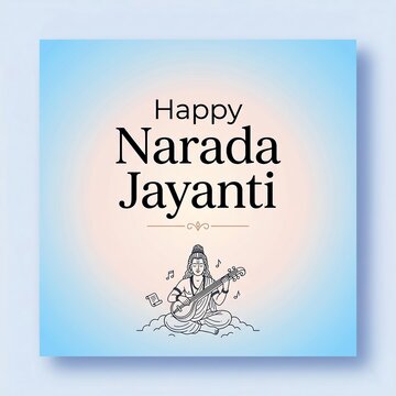 Festive narada jayanti greeting with deity illustration and musical instruments on light blue