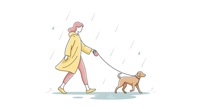Vector art depicts a woman in a yellow raincoat walking her dog during an April rain shower against a simple white background, creating a peaceful and slightly melancholic mood, done