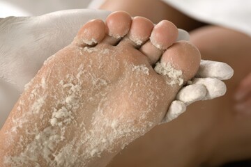 Fototapeta premium Close-up of a person's foot covered in white powder, possibly for a spa treatment or medical procedure.