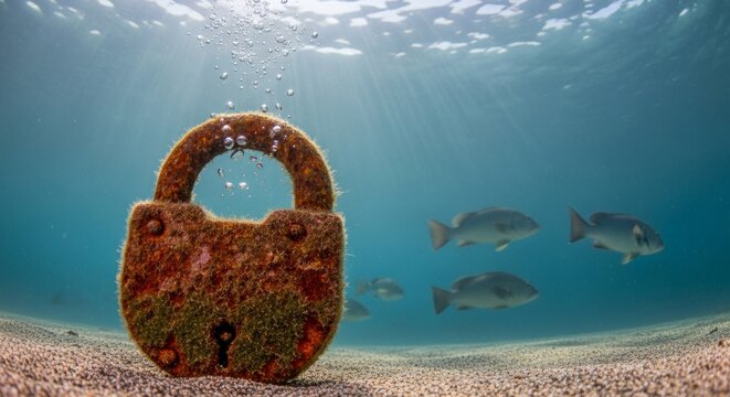 Rusty Underwater Padlock with Fish and Sunbeams