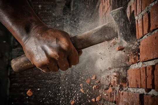 Close-up of a strong hand wielding a sledgehammer, breaking apart a red brick wall with dramatic dust and debris flying.