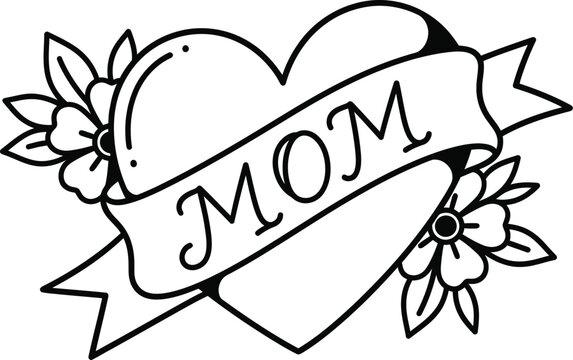 Vintage style 'mom' heart tattoo design with floral accents and banner