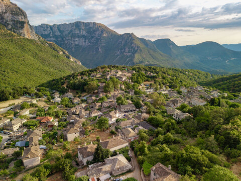 Aerial view of the Traditional Stone Houses of Papingo Village, Zagori, Greece