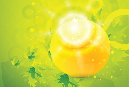 Yellow Sphere With Green Leafy Background And Light Effects