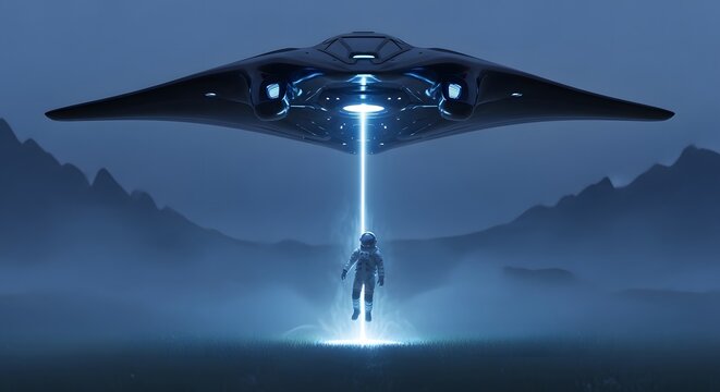 Sleek alien spacecraft hovering low over a foggy landscape beaming up an astronaut. Sci fi abduction and space exploration concept.
