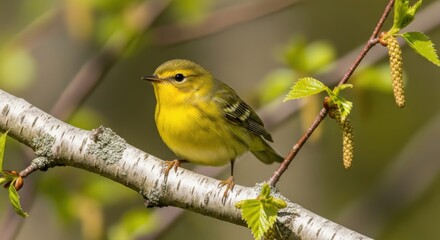Fototapeta premium Small yellow bird perched on a birch tree branch in spring