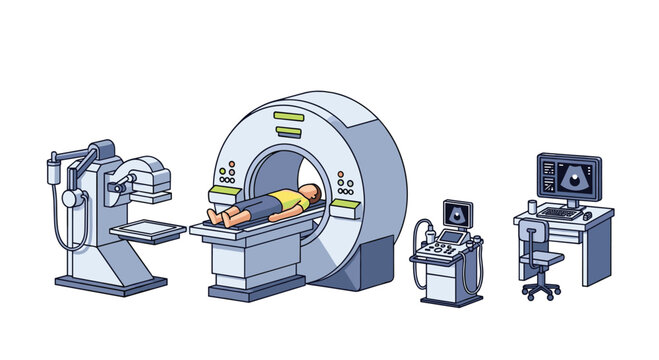 A pristine medical diagnostic room contains a large white MRI scanner with a patient alongside a specialized X-ray machine and a mobile ultrasound device.