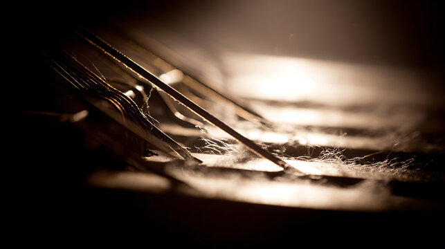 Closeup of musical strings with dust symbolizing creativity, art, and imagination