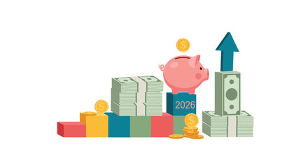 Fototapeta premium A charming pink piggy bank rests on a blue block marked with the year 2026 amid stacks of dollar bills and golden coins against a white backdrop.