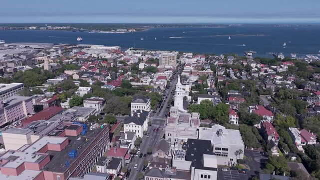 CHARLESTON, SOUTH CAROLINA, USA - APRIL 10, 2026: Aerial-Charleston-Broad Street-St. Michaels Church-Old Exchange-Harbor