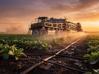 Fototapeta premium Agricultural sprayer working in a field during a golden sunset, applying fertilizer to crops, irrigation lines visible on the ground
