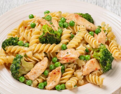 Primavera pasta with chicken, broccoli, and peas for lunch