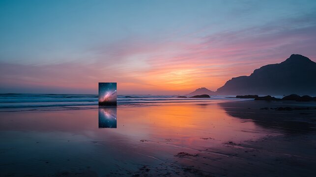 Surreal galaxy portal on a serene beach at sunset