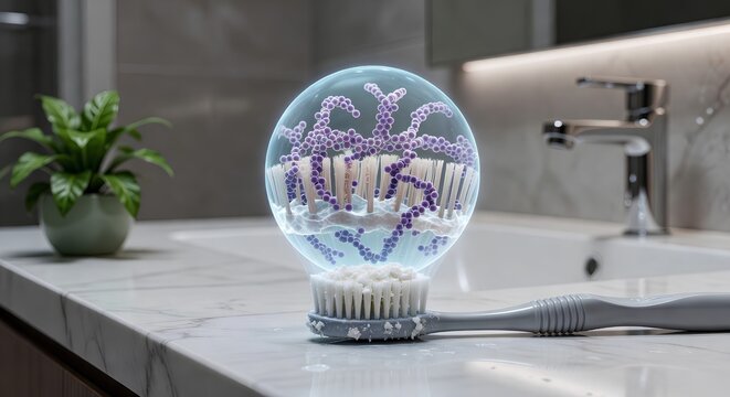 Used toothbrush with dried toothpaste on bristles, resting on bathroom counter, with inset or floating view of purple gram-positive cocci in chains above it, tooth decay and oral microbiome