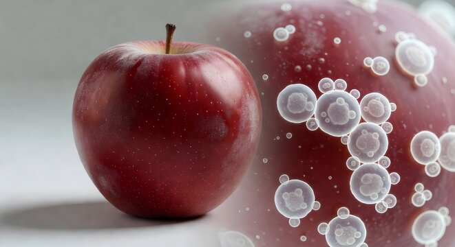 Single perfect red apple with slightly waxy bloom on its skin, paired with magnified microscopic view of saccharomyces cerevisiae budding yeast cells, representing fermentation and food science