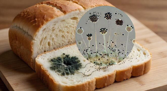 Sliced loaf of white bread with greenish-black mold on one slice, beside a magnified view showing sporangia, and stolons, representing food spoilage and mycology