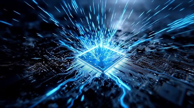 Blue glowing microchip with circuitry
