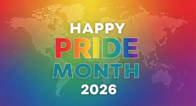 Colorful gradient background with a dotted world map and text "Happy Pride Month 2026" representing celebration, inclusion, and global awareness
