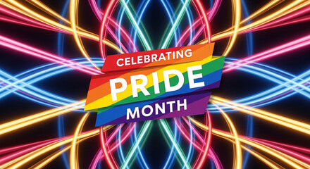 Naklejka premium Colorful, luminous, curved line against a dark backdrop, celebrating Pride Month, representing tolerance, diversity and inclusion event