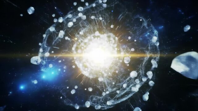 infinite deep space void with deep blue, purple, and white digital energy, crystalline data fragments, and light tendrils converging into a radiant, pulsating vortex. cinematic dolly/crane video.