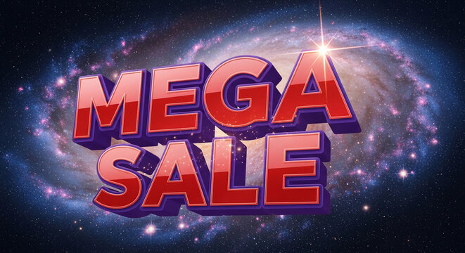 Image shows 3D text "MEGA SALE" with red gloss and purple border against space galaxy background, representing advertising promotion