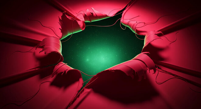 Abstract shot of torn red fabric revealing a green starfield, representing discovery, breakthrough, or a portal to another dimension