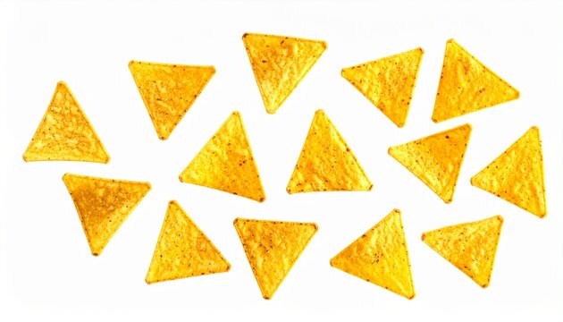 "Golden-yellow triangular tortilla chips scattered on white background, seasoned surface with specks, vibrant geometric repetition symbolizing snack food, flavor, and casual dining culture."