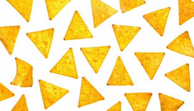 "Golden-yellow triangular tortilla chips scattered on white background, seasoned surface with specks, vibrant geometric repetition symbolizing snack food, flavor, and casual dining culture."