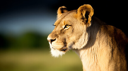 Naklejka premium Lioness in profile with golden light ideal for diverse corporate and commercial use