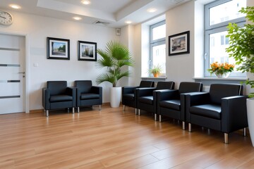 Fototapeta premium Modern waiting room with comfortable black leather chairs