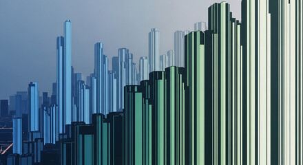 Obraz premium Abstract depiction of blue and green columnar buildings, creating a futuristic skyline. Symbolizes urban development, growth and architectural concept