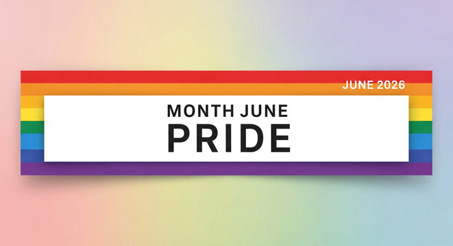 Rainbow stripe with white text area showing Pride month celebration, representing LGBTQ+ community, equality, and awareness in June 2026
