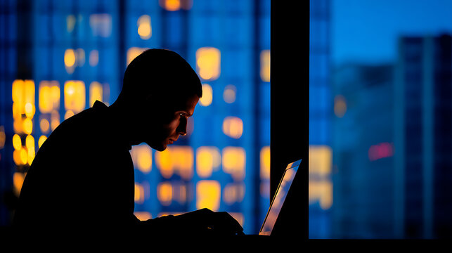 Silhouette of person working on laptop ideal for cinematic storytelling and documentaries