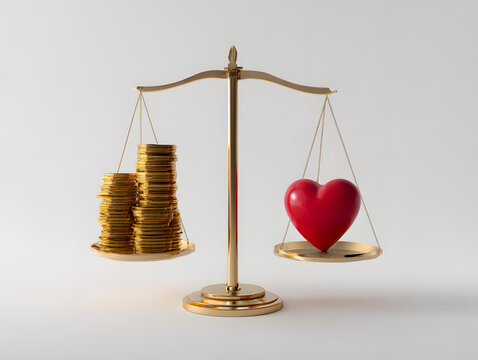 金貨と赤いハートを載せた金の天秤の3Dレンダリング、お金と愛のバランスや価値観のコンセプト