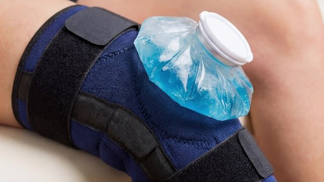 Ice pack applied to swollen painful knee for cold therapy and pain relief, medical treatment concept, close up.