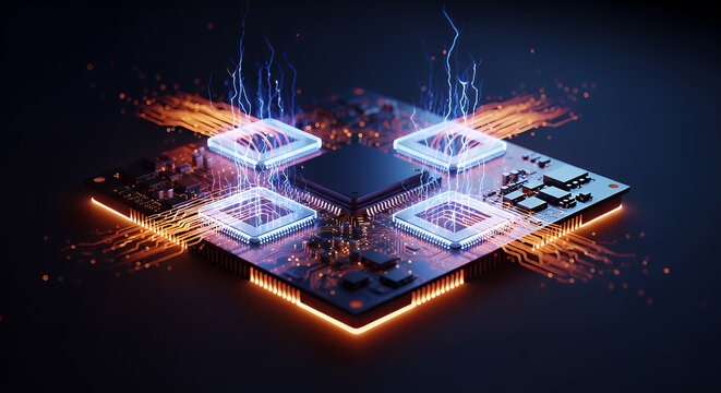 Microchip circuit board features glowing blue light emissions and orange electrical circuitry patterns that suggest advanced processing power and high speed computing performance for modern systems.