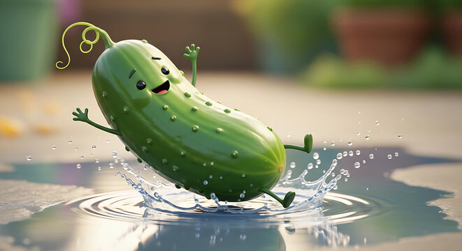 A happy cartoon cucumber with a cheerful face and limbs splashes playfully in a puddle of water outdoors.