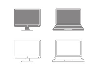 Computer monitor and laptop computer icons set with solid and outline versions for desktop and portable device design. © MD kibriya Ahamed 
