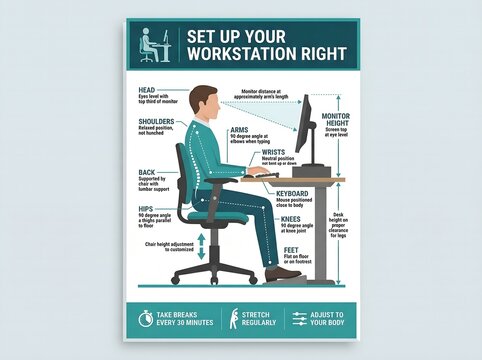 Ergonomic workstation setup for healthy sitting proper posture and comfort at office desk with labeled diagram