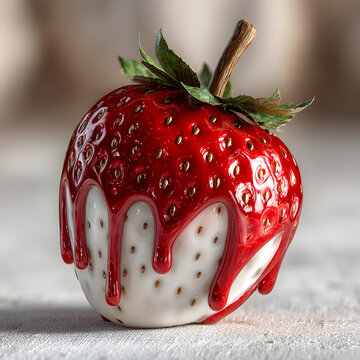Morango do amor, com calda vermelha caindo sobre ele, fundo confeitaria desfocado e base branca, morango com folhas e cabo de madeira simulando uma ma&ccedil;a do amor.