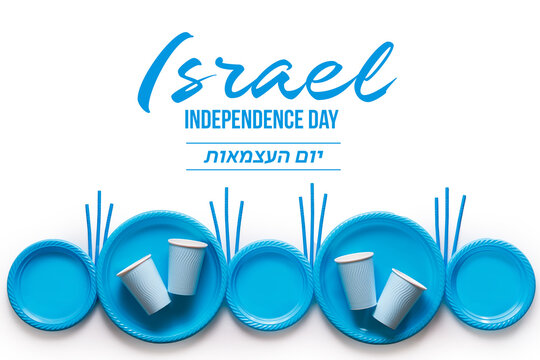 Israel Independence Day concert, white and blue disposable tableware on a white background, flat lay, space for text