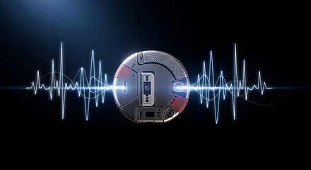 Obraz premium Circuitry disc features a dual-toned metallic surface with an integrated pulse wave emitting a bright light to signify a critical diagnostic connection in a modern technological infrastructure.