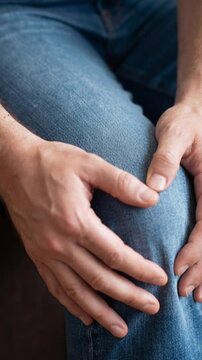 Male hands squeezing and rubbing painful knee joint, pain relief gesture concept, vertical video close up.